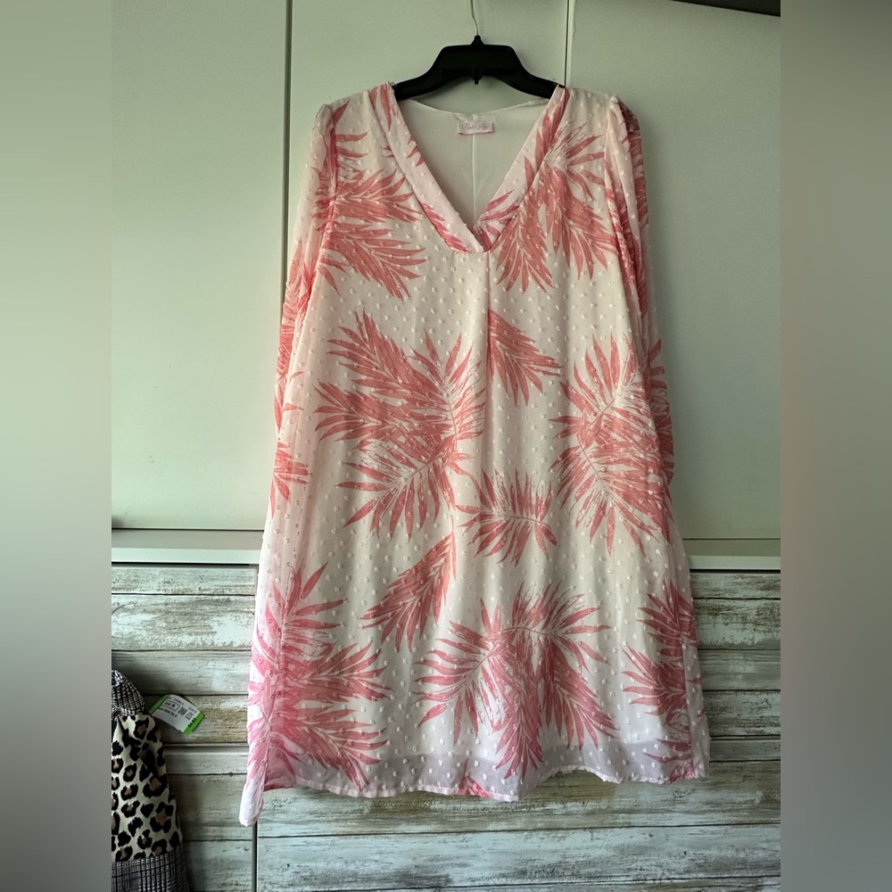 🌴 Pink Lily Pink Palm Print Swiss Dot Dress Small Boho
